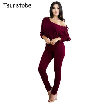 

Tsuretobe Lace Up Bandage Jumpsuits Women Sexy Off Shoulder Tracksuit Casual Overalls Autumn Long Sleeve Rompers Women Jumpsuit