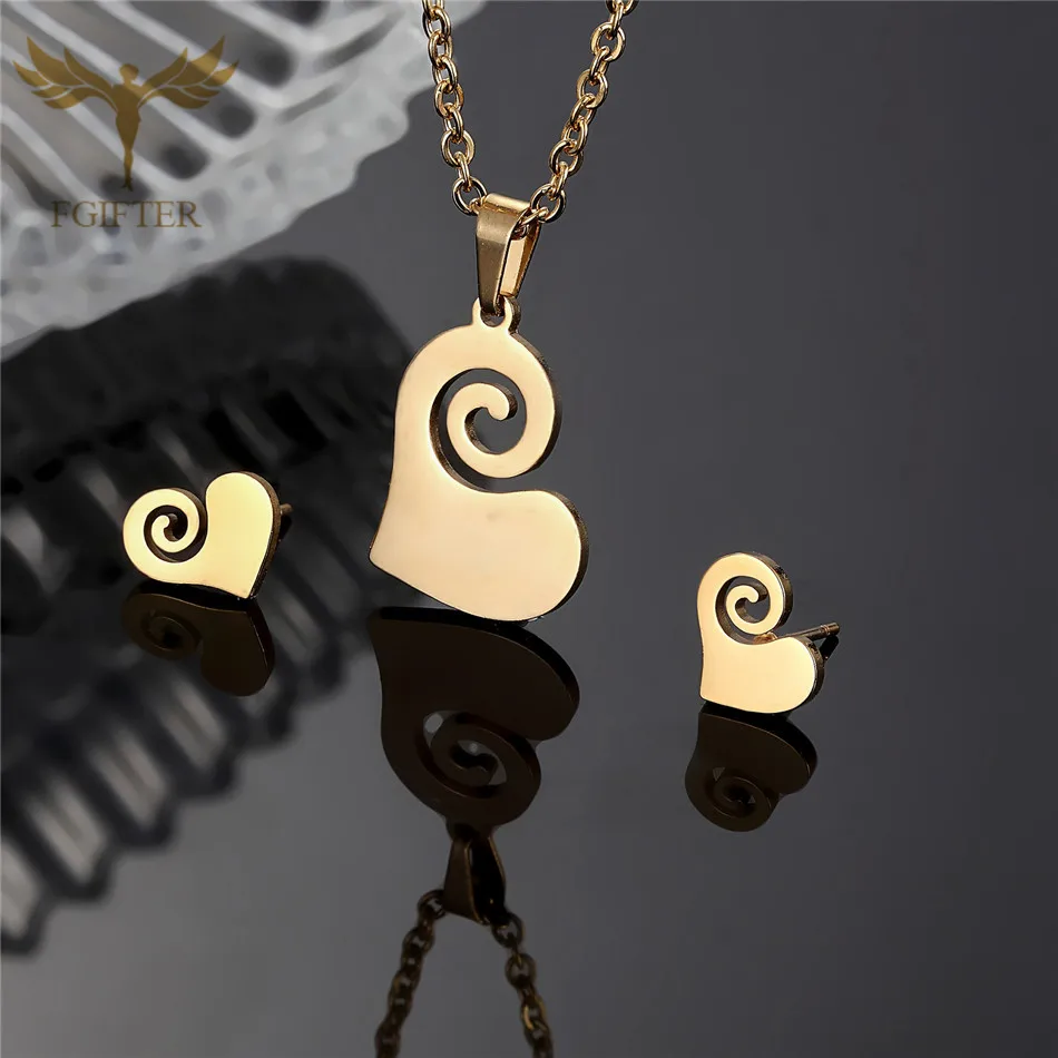 

Romantic Wedding Jewelry for Women Love Heart Necklace Earrings Set Gold Stainless Steel Bridal Jewelry Woman Gift