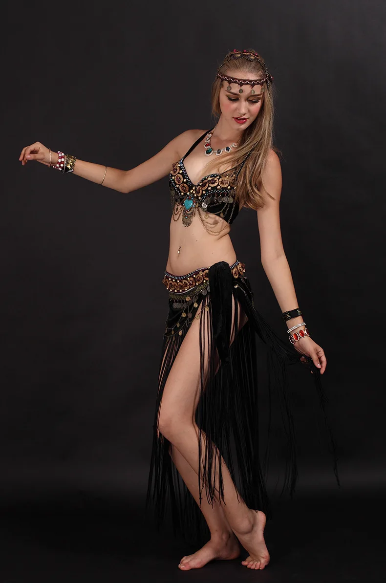 Сексуальный арабский Племенной бюстгальтер от костюма для танца живота+ пояс с кисточками комплект из 2 предметов Восточный костюм Женская Одежда для танцев S/34 M/36 L/38