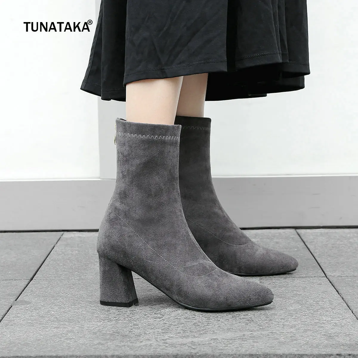 

Women Kid Suede Boots High Heels Ankle Boots Zipper Pointed Toe Autumn Winter Plus Size Woman Shoes 2018 New Black Gray Yellow