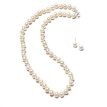 

The 7-8 MM slender pearl necklace with small pearl earrings and Milk Yellow oval shape Natural Pearl Jewelry Set