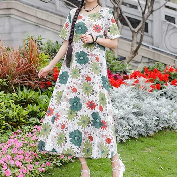 

2019 MAXIORILL New платье ladies bohemian round neck short-sleeved printed cotton and linen dress Wholesale free shipping T44