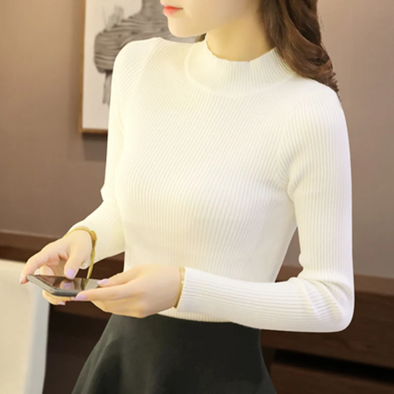 

Autumn Winter 2018 Women Sweaters Solid Color Long-sleeved Pullover Half-high Collar Slim Tight-fitting Sweaters E1015