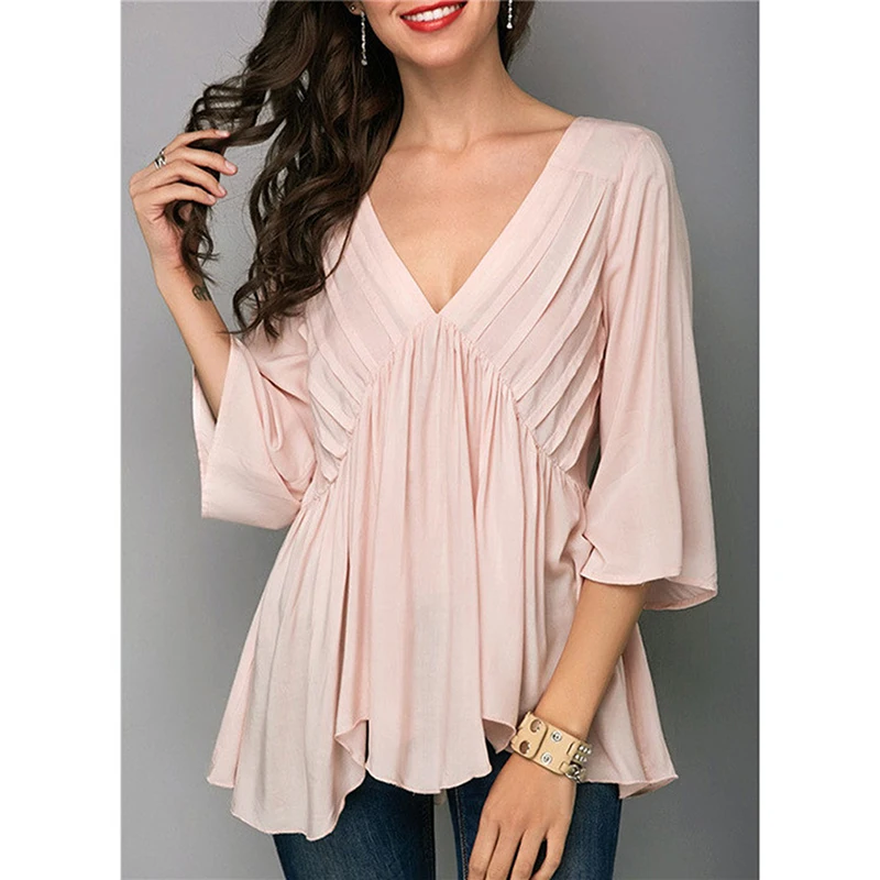 

Plus Size Spring Solid Blouse Shirts Women V-neck 3/4 Sleeves Ladies Tops Loose Pleated Ladies Chiffon Blouse Feminine Blouse