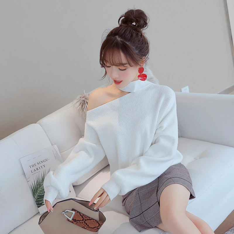 Fashion Pullover Full Sleeve Solid Knitted Women Sexy Off Shoulder Slash Neck Jumper Design Thick Sweaters Casual Loose