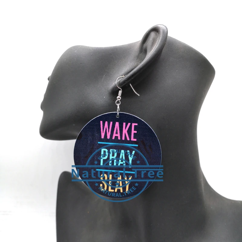 Деревянные серьги-гвоздики Wake pray Slay | Украшения и аксессуары