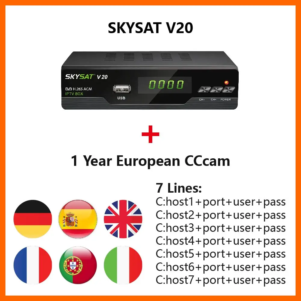 

H.265 Satellite Receiver SKYSAT V20 with CCCamd 7 lines for Germany Spain UK Portugal support Xtream IPTV autoroll Powervu Biss