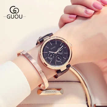 

GUOU Brand Luxury Quartz Women Watches Fashion Three eyes Sport Ladies Leather watch Relogio Feminino for Female Wrist Watches