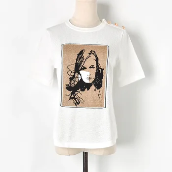 

Hollow Out Knit Sweater Women Round Collar Knitted Short Sleeves with Button on Shoulders Knitted Thin Women Top Runway Sweater