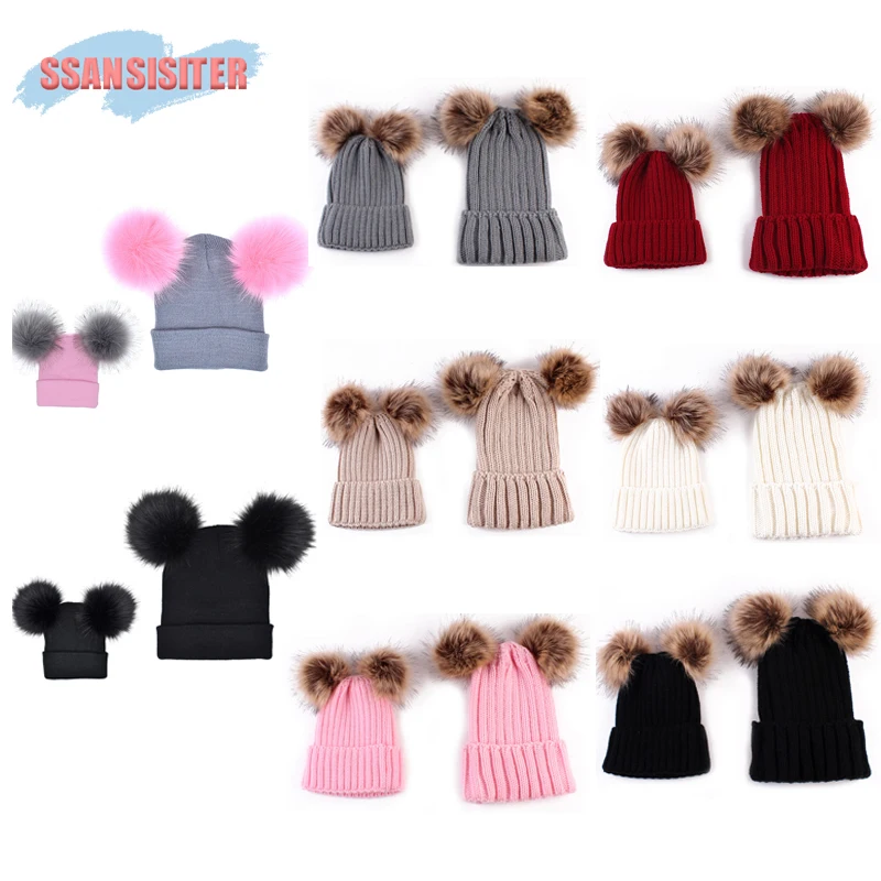 

2PCS/Set Family Matching Beanie Hairball Kids Caps Double Ball Raccoon Parent-child Infant Pompon Mom Baby Knitting Warm Hat