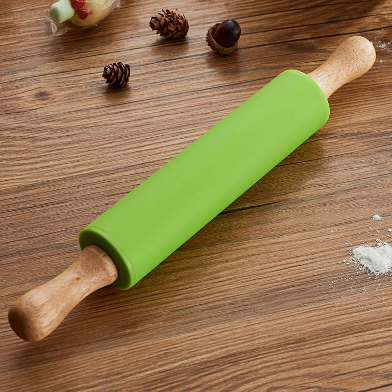 Non-Stick Kitchen Silicone Rolling Pin Large Small Wooden Handle Silicone Dough Roller Stick Pastry Baking Tools Bakeware (5)