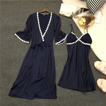 

Navy Blue Spring Sexy Robe Kimono Sleepwear Sets Womens 2 Pieces Strap Top Suit Casual Home Wear Pajamas Nightwear Bath Gown