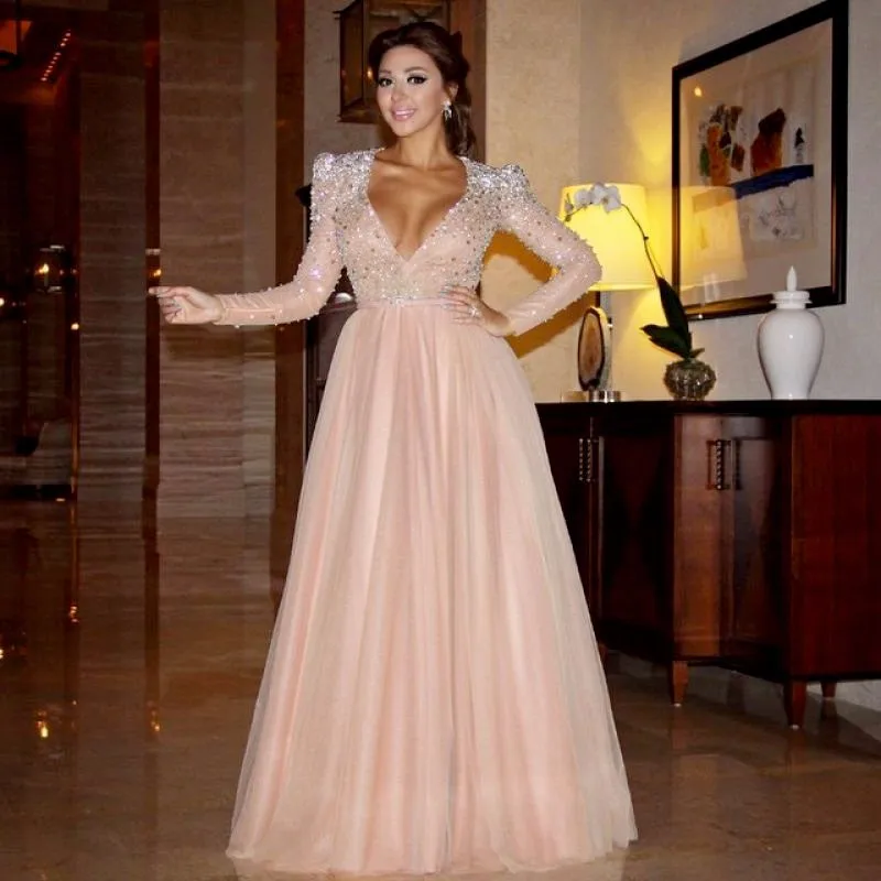 Real-Photos-Long-Sleeves-Pink-Color-Crystal-V-Neck-Prom-Gown-Hand-Made-Beading-Long-Evening (1)