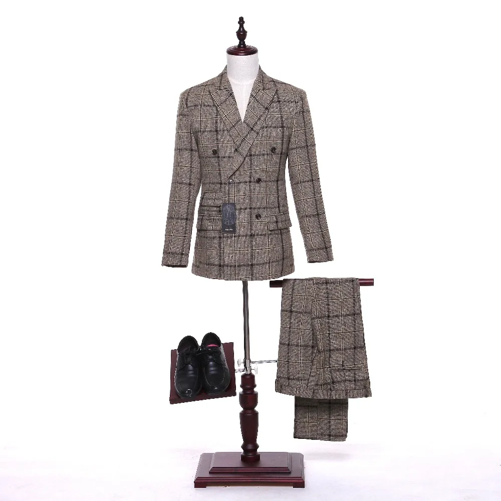 

Tweed Brown Plaid Stock Men suit English Style Blazers Retro Slim fit wedding suits for men 3 Piece (Jacket+Pants )