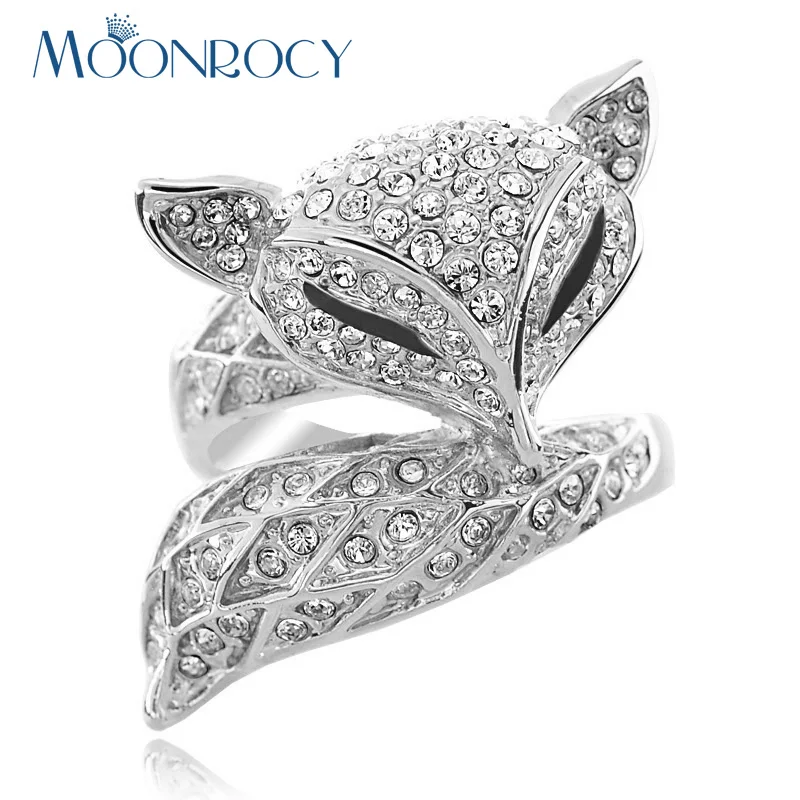 

MOONROCY Free Shipping Jewelry Wholesale Silver Color Cubic Zirconia Cute Crystal Zirconia Fox Ring Fashion for Women Gift
