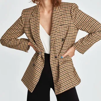 

2019 Spring New V-Neck Turn-Down Collar Plaid Blazer Woman Double Breasted Long Sleeved Jacket Casual Loose Checked Coats