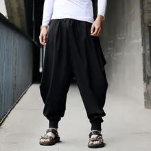 Для мужчин со штанами-Шароварами, брюки из хлопка и льна фестиваль мешковатые однотонные брюки ретро цыганские штаны Jogger брюки для танцев рваные Для мужчин SkinnyZ313