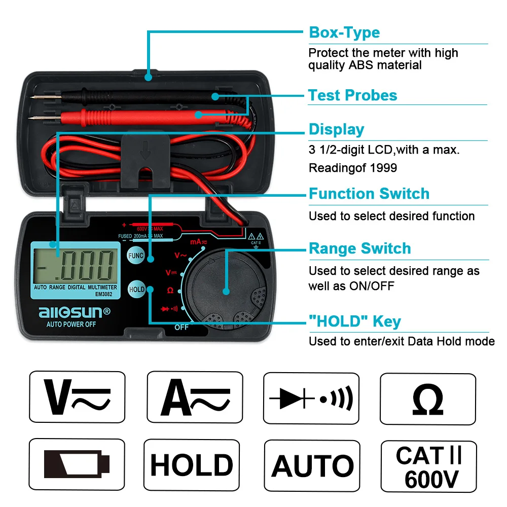 All-sun EM3082 Mini Auto Range Digital Multimeter Tester AC DC Ammeter Voltmeter Ohm Portable Pocket Meter voltage meter