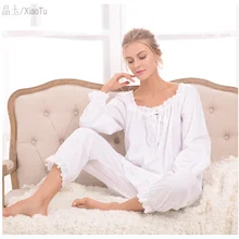 Осенний очаровательный кружевной женский пижамный комплект воротник со сборками рубашка+ брюки женский хлопковый пижамный комплект большого размера