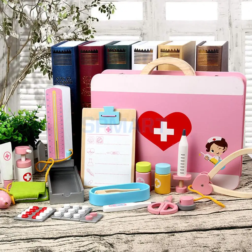 15 Pieces Wooden Doctor Nurse Medical Box Carry Case Suitcase Children Role Playing Set Kids Early Educational Toy Play Activity