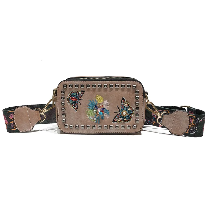 

women small rivets embroidered rivet bags girls wide strap bag girls lady butterfly pattern national style