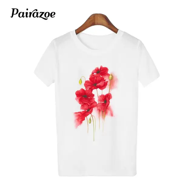 Pairazoe red flowers graphic print t shirt new women white basic t