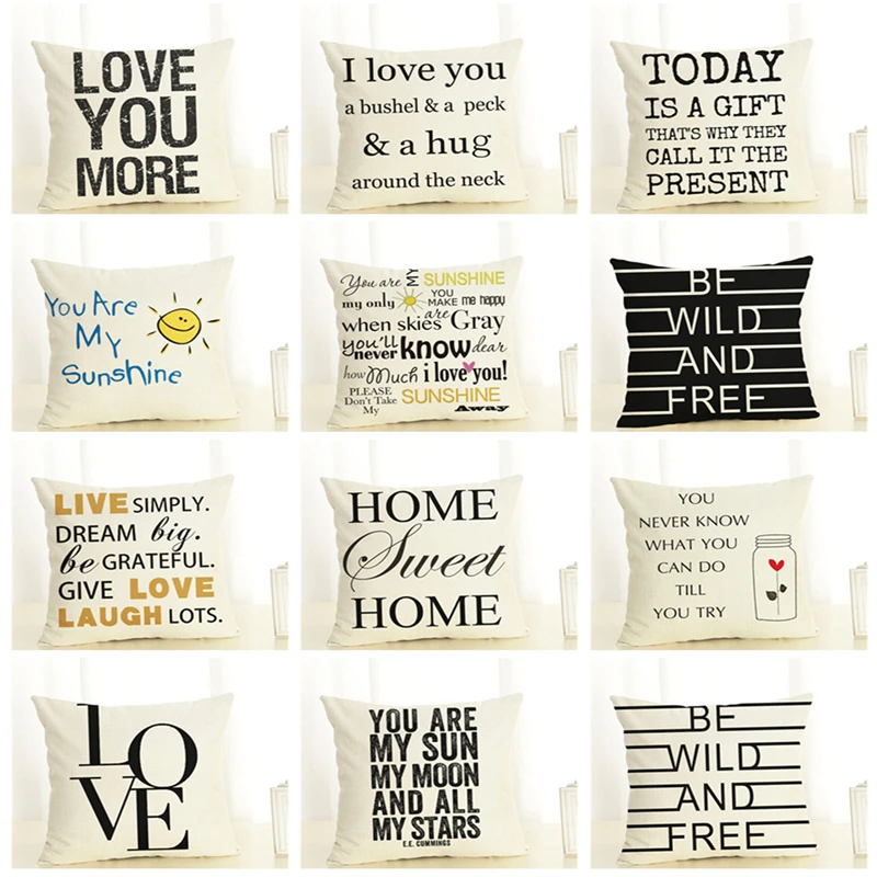 

New 45x45cm Creative Text Print Fundas Cotton Linen Chair cushion Cojines