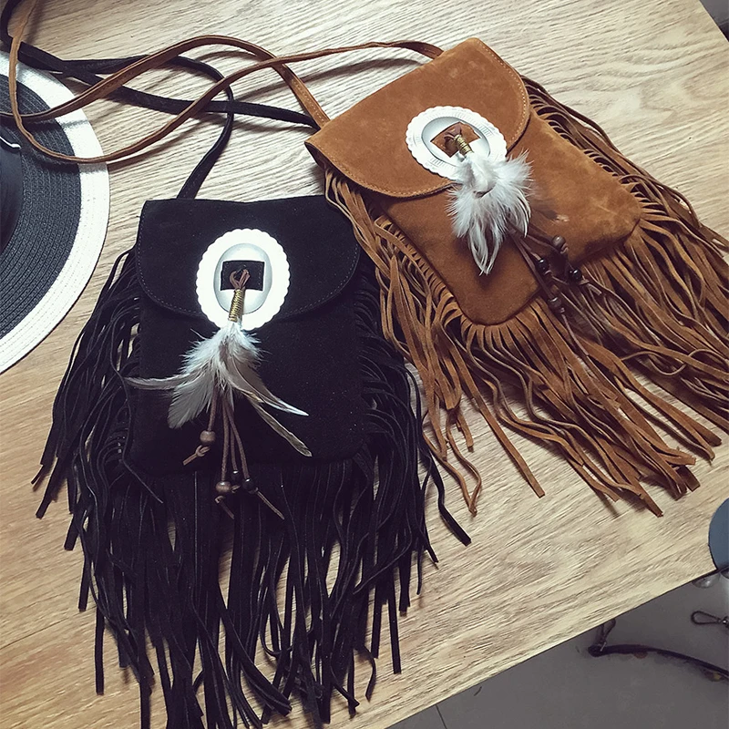 2017 Female Small suede Bag Brown Beaded Feathers Hippie American Indian Tribal Bohemian Boho Chic Ibiza Style Pouch Bag