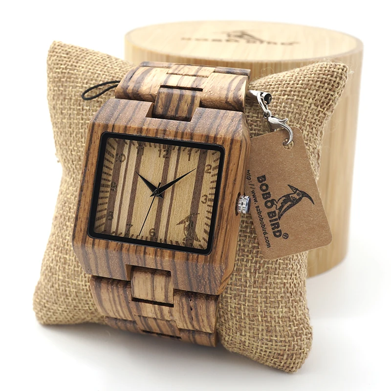 BOBO BIRD Rectangle Zebra Mens Wooden Wrist Watch Top Brand Luxury Quartz Watches with Full Wooden Band in Gift Box