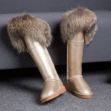 New Winter Genuine Leather Snow Boots Natural Fox Fur Knee- High Boots Waterproof Flat Heel Women Long Fur Boots Raccoon Fur