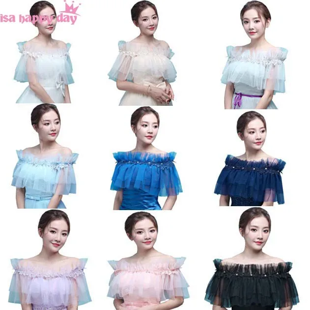 

Wedding Bolero Ruffles Short Tulle Women Bridal Cape Wrap Red Black Blue Blush Gray Cloak Cheap Wedding Party Prom Accessories