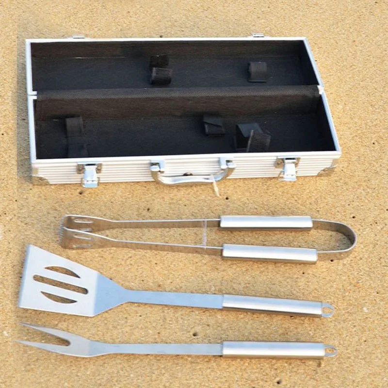 3 pcs Stainless Steel BBQ Set w/ Aluminum Carrying Case Barbecue Grilling Tool BBQ Fork+BBQ Tongs+BBQ Spatula
