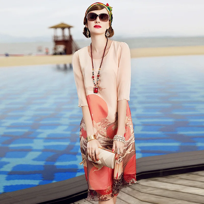 

A2ZT903-2 Wholesale Europe and United States Natural Silk Dress Summer Women Loose Printed Long Dress