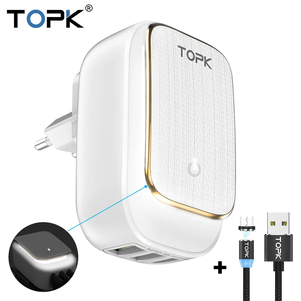 

TOPK Multi-Port USB Charger LED Lamp Auto-ID Mobile Phone Charger Portable Tarvel EU&US Plug Wall Charger Adapter