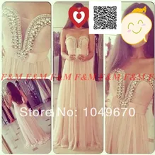 2016 neue Ankunfts-elegante Schatz Kristall Perlen Nude Farbe Chiffon-Formales Abendkleider Lange Echte Fotos F & M912