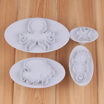 

Free Shipping FDA High Quality Plastic 4pcs Marine Subjects Shapes Cookie Plunger Cutters Cake Decoration Fondant Molds set