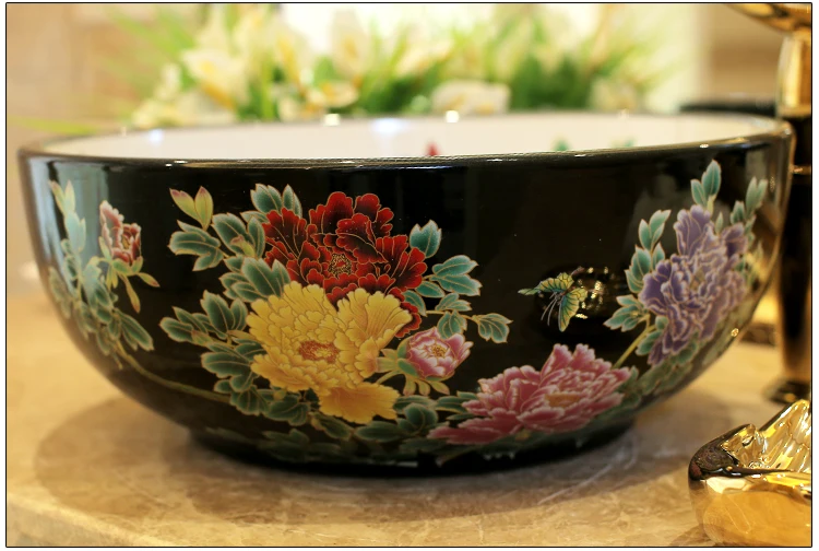 Europe Vintage Style Lavobo Ceramic Washing Basin Counter top Bathroom Sink hand painted vessel sinks Peony painting black (6)