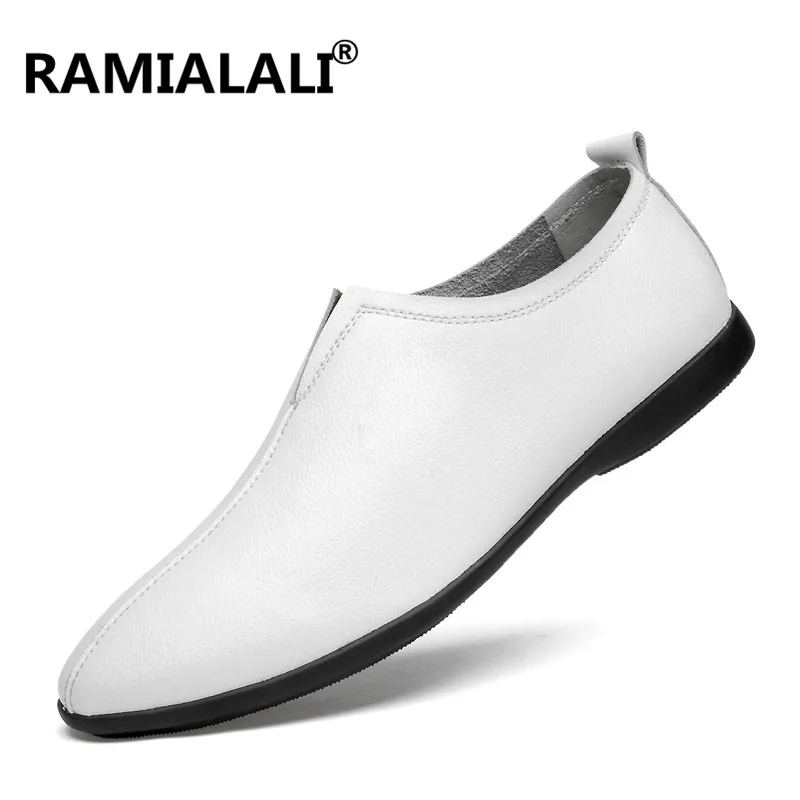 Ramialali/мужская повседневная обувь; Роскошные брендовые модные туфли из натуральной кожи; летние классические мужские туфли; мужские кожаные туфли; большие размеры 36-46 - Цвет: Белый