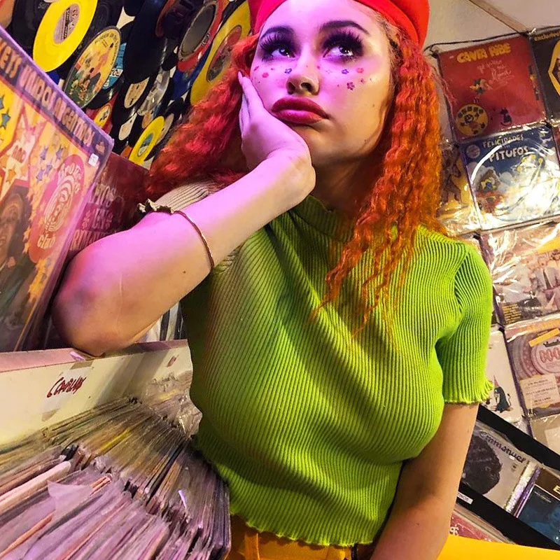 

O Neck Neon Green Women Csual T-shirt Short Sleeve Slim Elastic Femme Tee Home Summer New Fashion 2019 Club Party Outwear