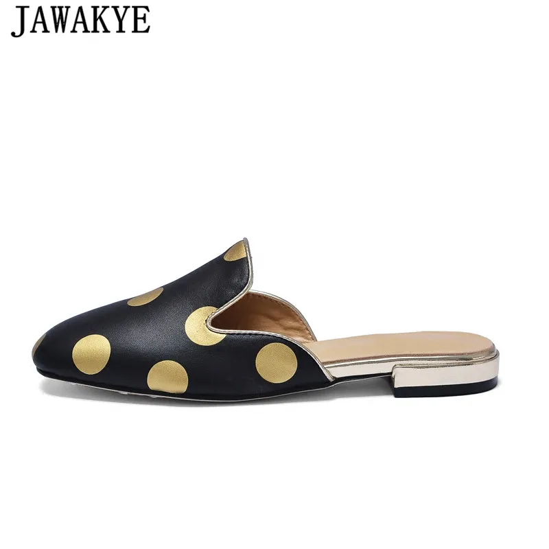 

Fashion Design women slippers round toe flat heel black white mules round dot decor sandals women 2018 lazy beach shoes ladies