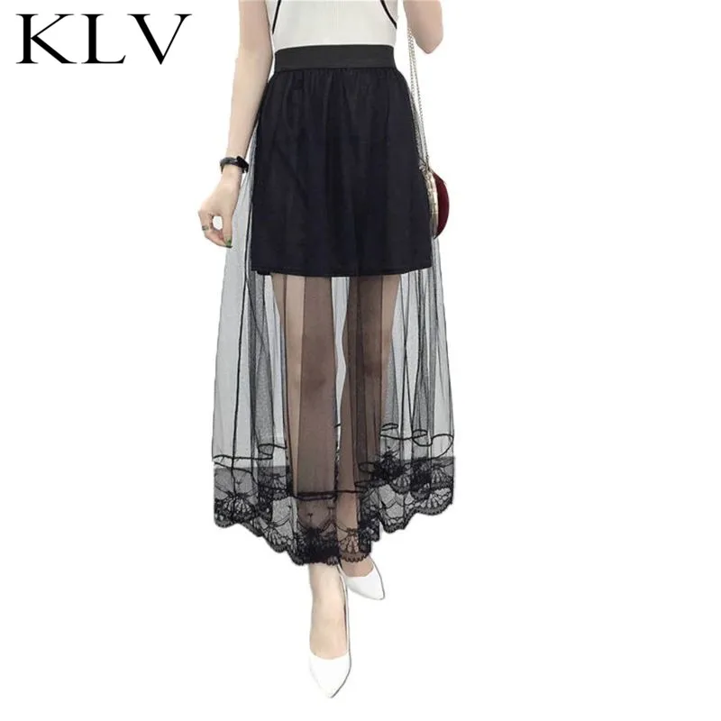 

Women Wedding Party High Waist Lined Maxi Ankle Long Skirt Solid Color Scalloped Lace Trim Pleated Swing Sheer Mesh A-Line