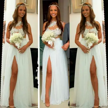 

Sexy Side Split Vintage A-line Chiffon Prom Gown Floor Length Lace Dresses for Beach Weddings