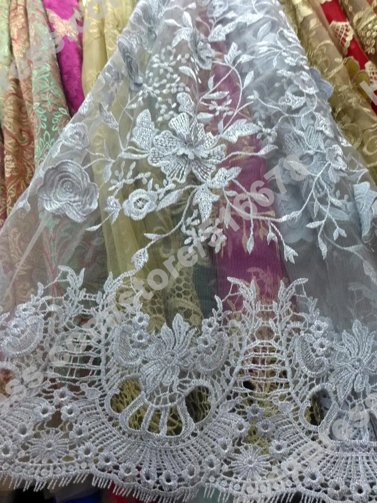 5 yards/lot 39''silver metallic on netting embroidered lace fabric for