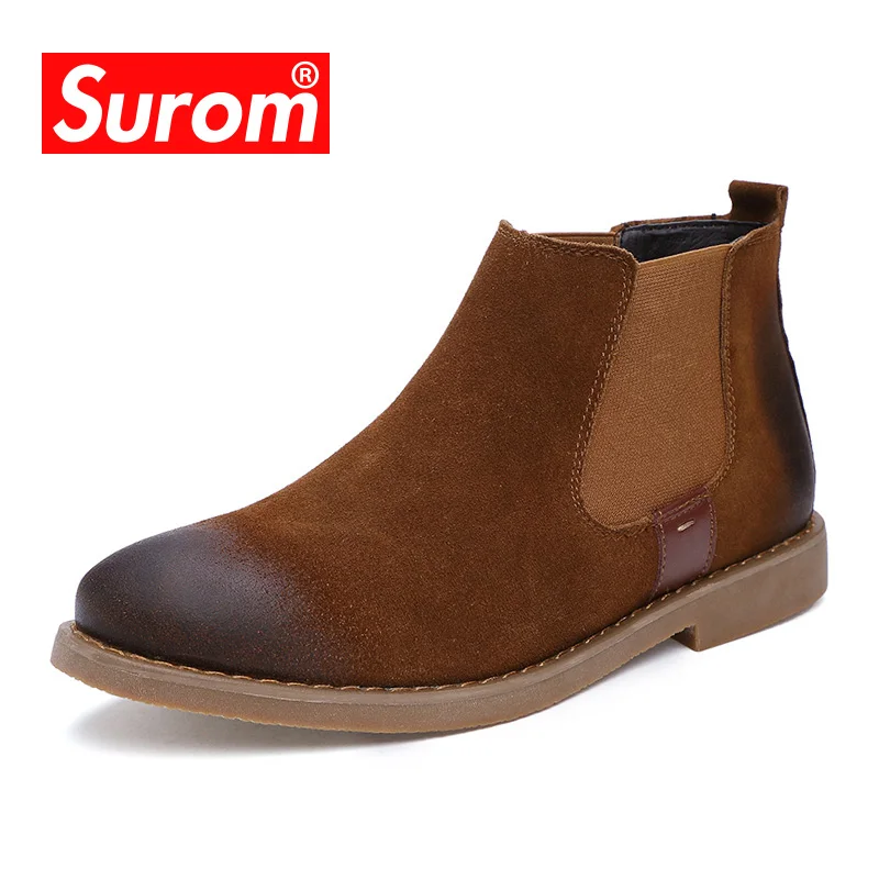 

SUROM 2017 Vintage Chelsea Boots Suede Leather Men's Street Winter Shoes Plush Velvet Men Fashion Slip On Ankle high Boots