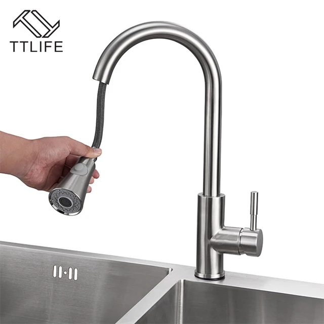 Special Offers TTLIFE Modern New Brushed Nickel Kitchen Faucet Pull Out Single Handle Swivel Spout Vessel Sink Mixer Tap