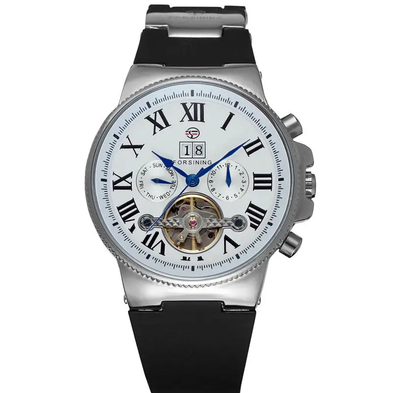 Forsining Tourbillon автоматические механические часы силиконовый ремешок чехол из розового золота римские цифры дисплей мужские часы Relogio Masculino - Цвет: Silver White