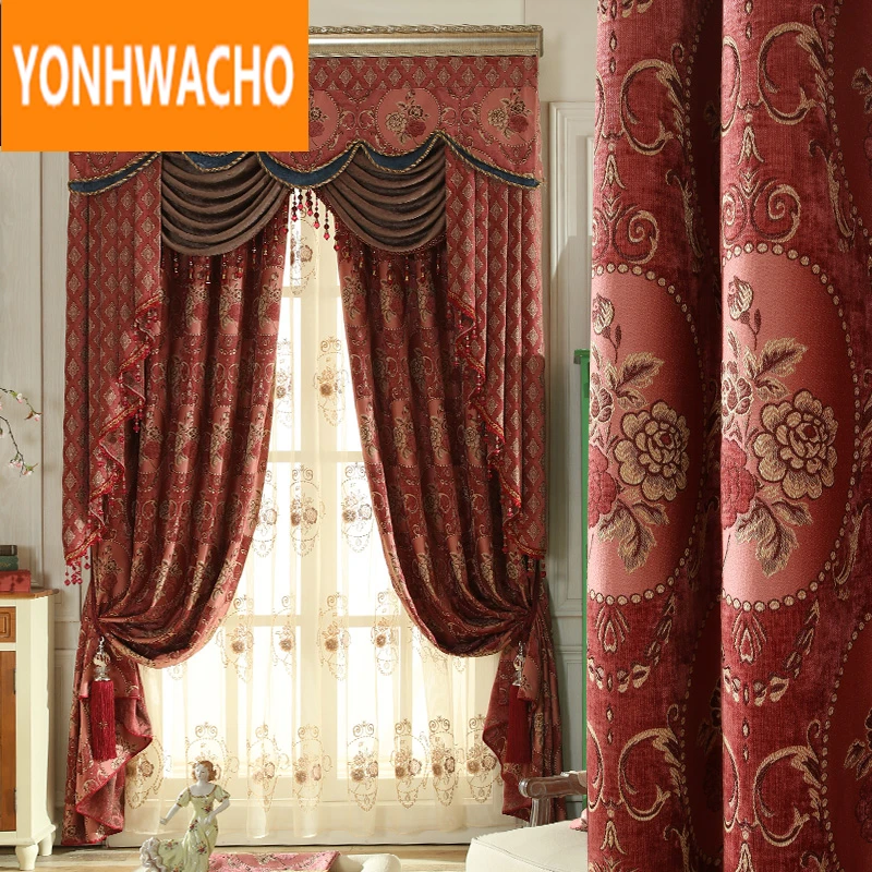 

Custom curtains European living room luxury thick red chenille wedding bedroom cloth blackout curtain tulle valance drape B015