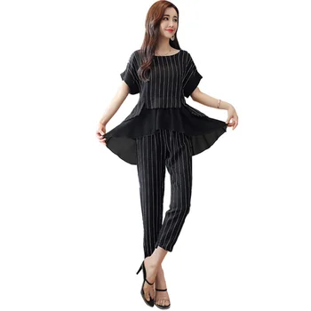 

Plus Size 5xl Loose Thin 2 Piece Set Women Striped Patchwork Irregular Ensemble Femme Survetement Summer Wild Costumes For Women