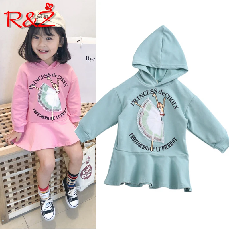 

R&Z children's dress 2019 spring new girls sweater dress children cartoon dancing girl hooded children's long sleeve dress