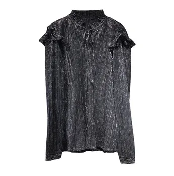 

Women Blouse Pleated Lotus Leaf Collar Long Sleeve Shirt Top Ladies Casual Blouses And Tops